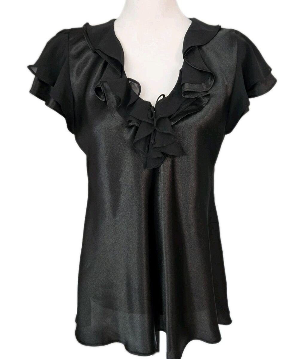 Whimsigoth Ruffled Black Satin Oscar De La Renta Pink Label Blouse Top Sz M